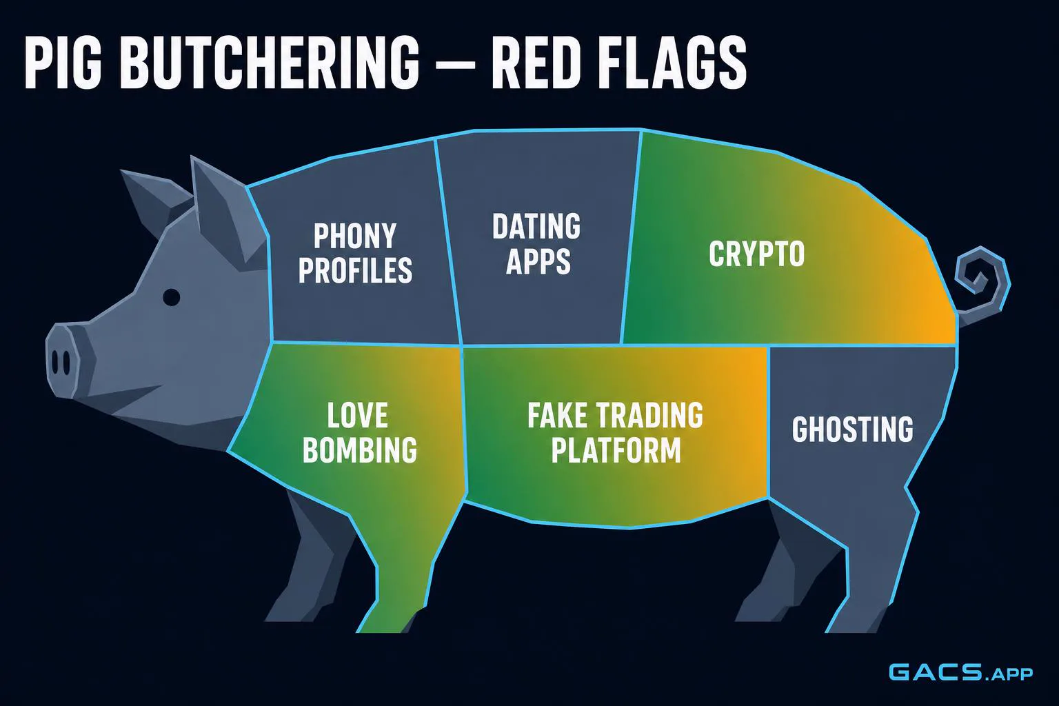 Pig butchering scam — red flag butcher chart by GACS