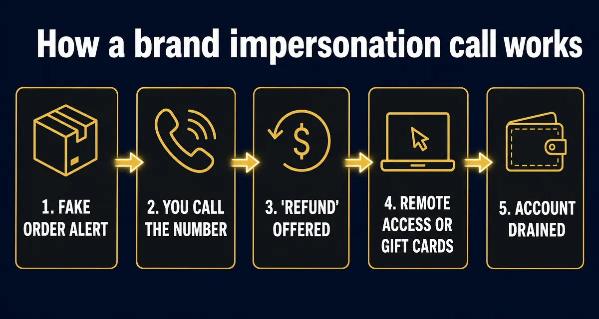Five stages of a brand impersonation scam: a fake order alert, you call the number, a refund is offered, remote access or gift cards, then the account is drained.