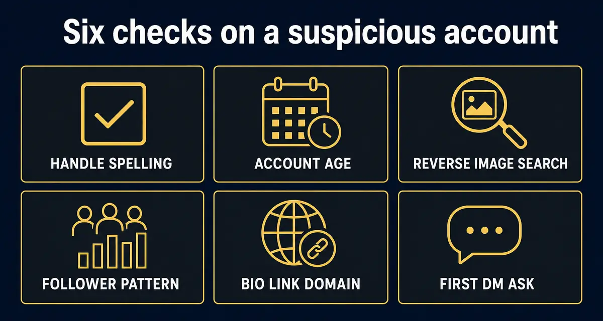Six checks on a suspicious social account: handle spelling, account age, reverse image search, follower pattern, bio link domain, and the first direct-message ask.