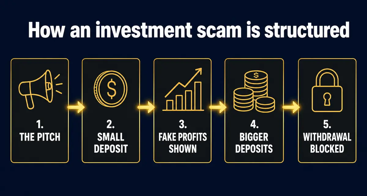 Five stages of an investment scam: the pitch, a small deposit, fake profits on screen, bigger deposits, then a blocked withdrawal.