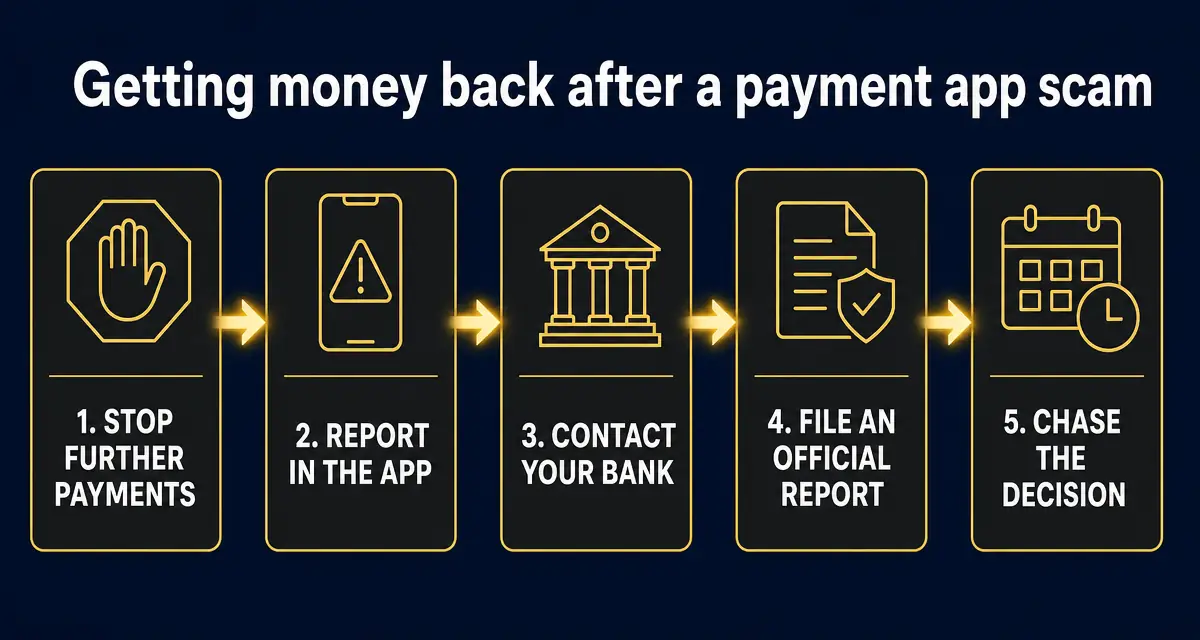 Five steps to recovering money after a payment app scam: stop further payments, report in the app, contact your bank, file an official report, chase the decision.