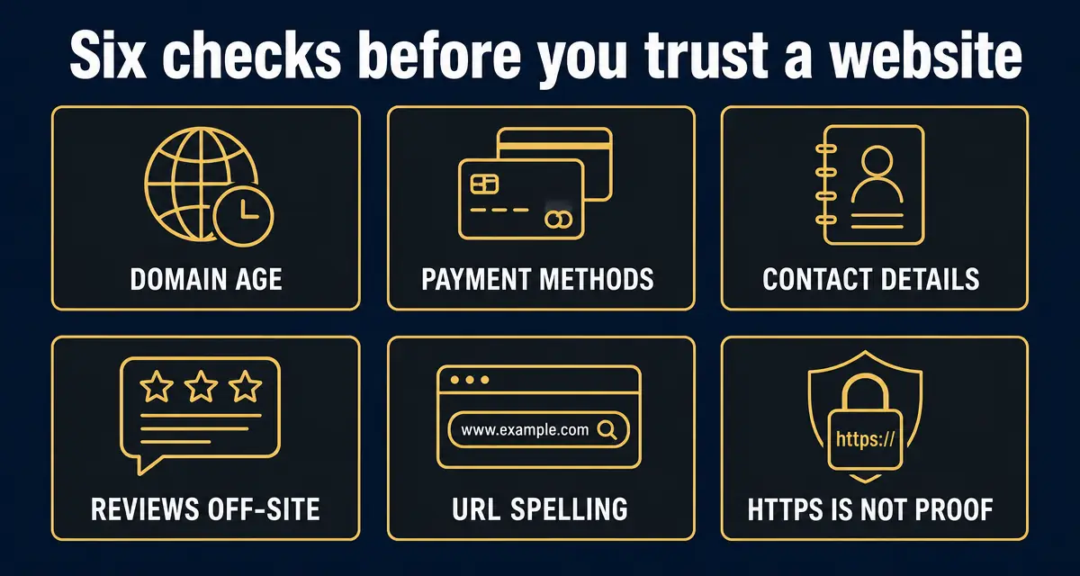 Six checks before trusting a website: domain age, payment methods, contact details, off-site reviews, URL spelling, and why HTTPS is not proof.