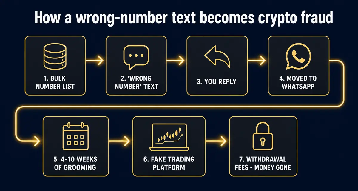 Seven stages of a wrong-number scam, from a bulk number list to a fake trading platform and blocked withdrawals.