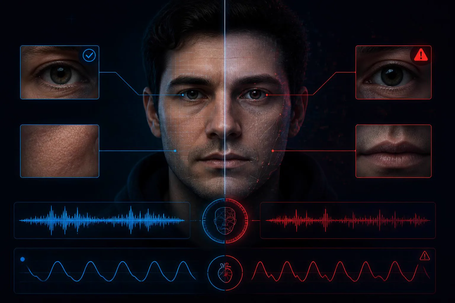 Comparison of a real person and a deepfake version with detection highlights