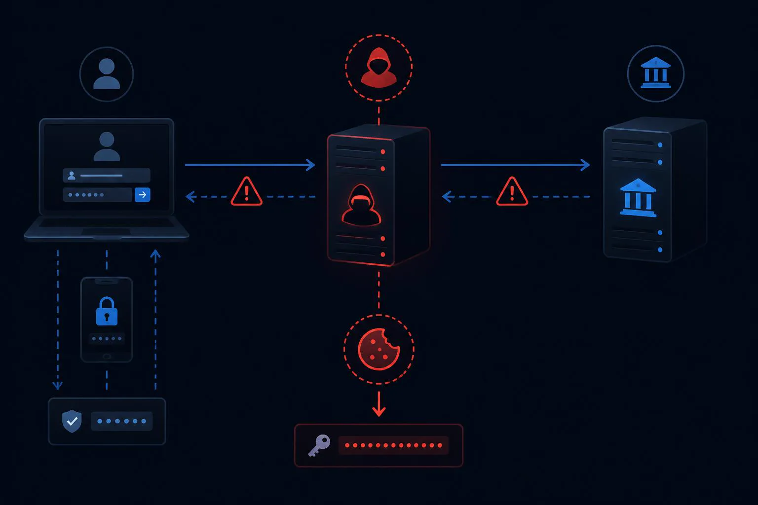 Illustration showing how an attacker uses a reverse proxy to intercept MFA