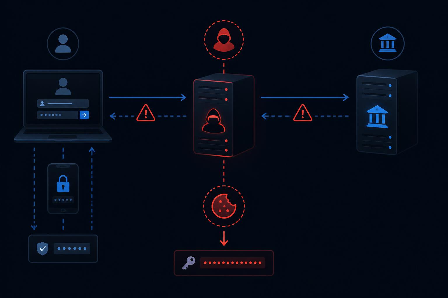 Illustration showing how an attacker uses a reverse proxy to intercept MFA