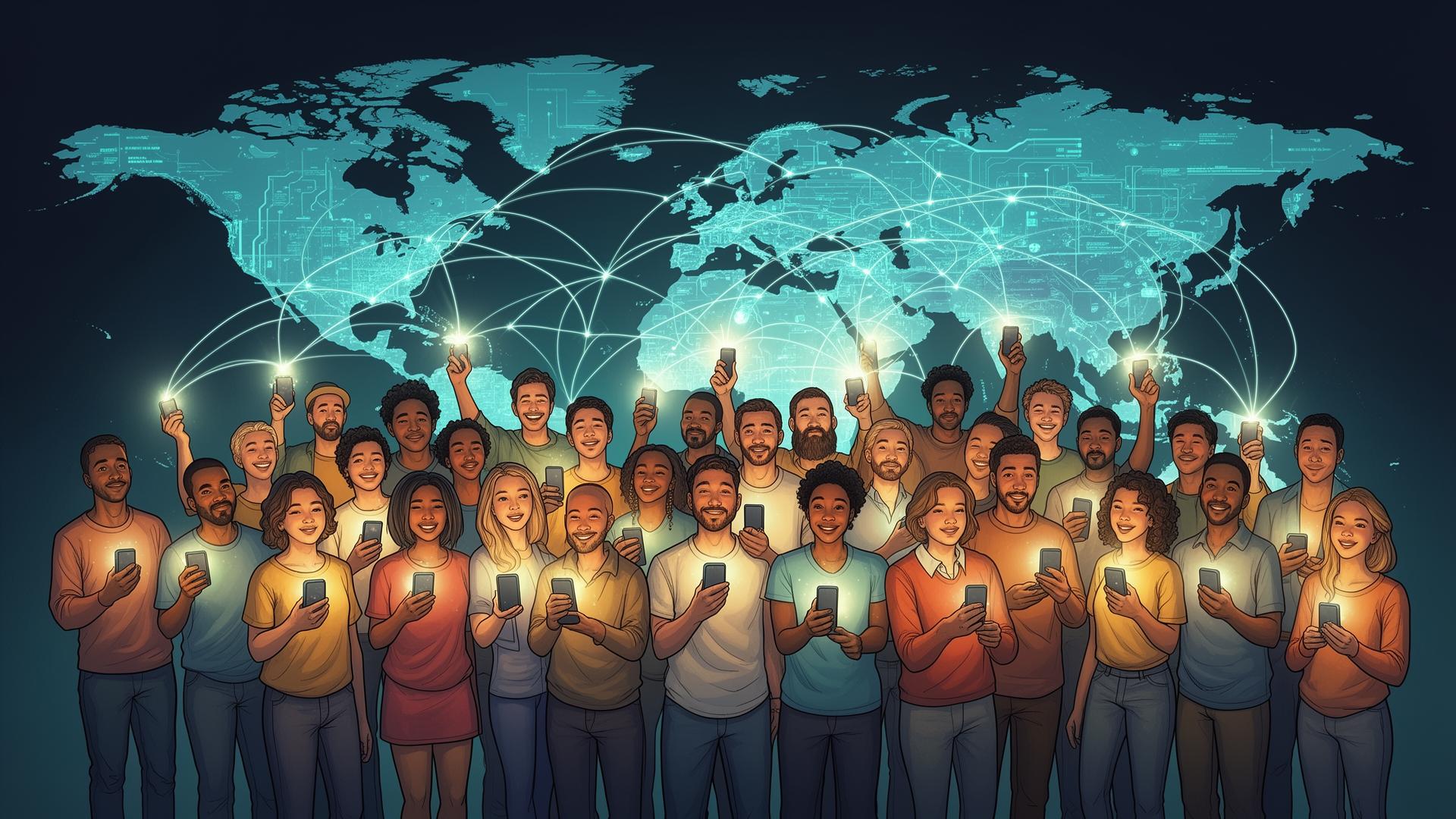 A diverse global community holding phones connected by a protective light grid across a world map.