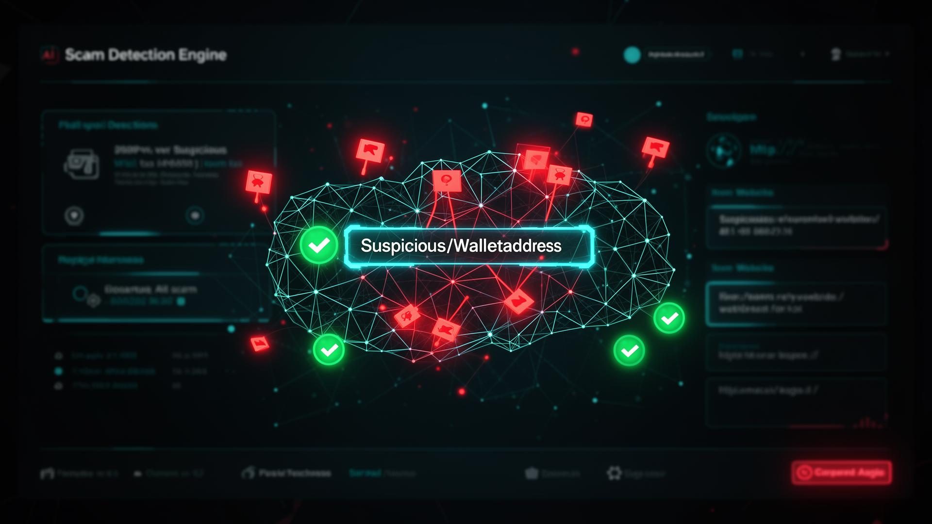 A scam-detection engine highlighting red-flag nodes around a suspicious wallet address.