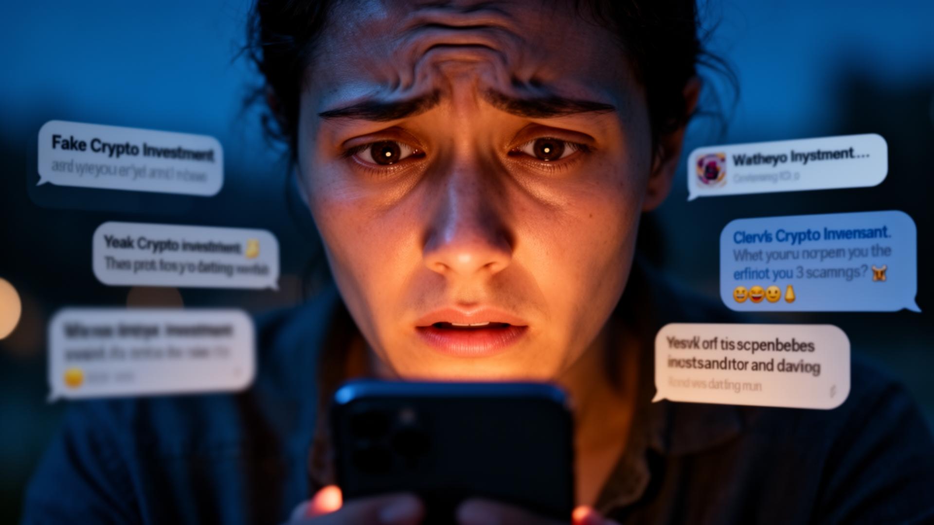 A worried person at night, lit by their phone, surrounded by fake-investment chat bubbles.